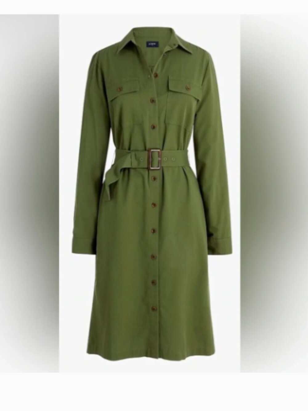 J. Crew Olive Green Long-Sleeve Button-Front Twill utility shirtdress size 8